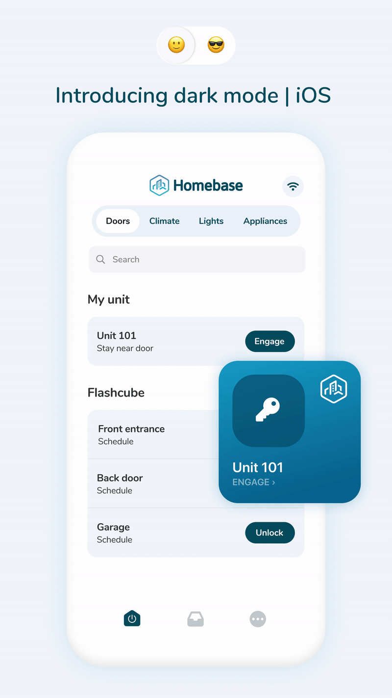 Animation to dark mode of the Homebase app on iOS.